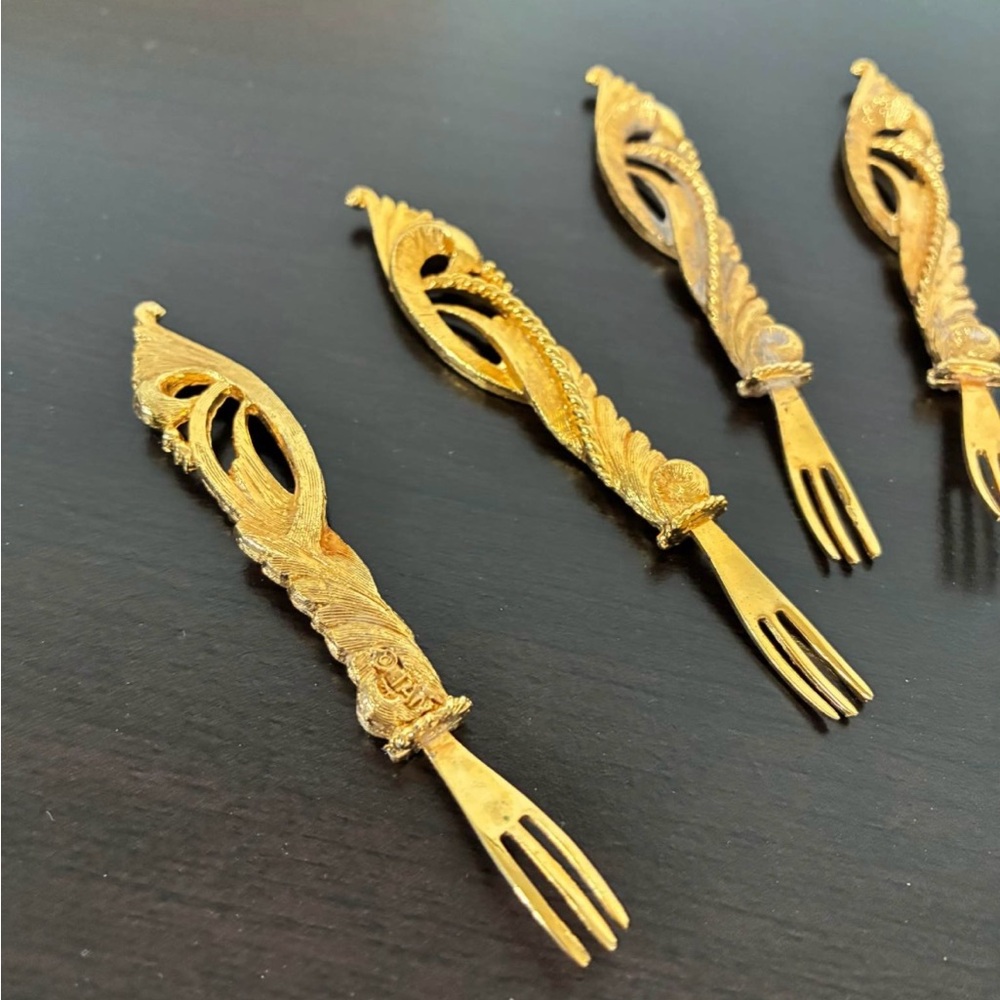 Vintage Ornate Gold Drinkware Forks, cocktail picks